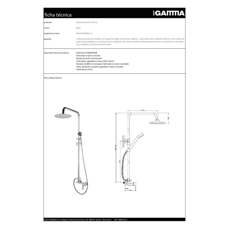 Ducha Baho Temma monomando telescopico - PROCAR GAMMA